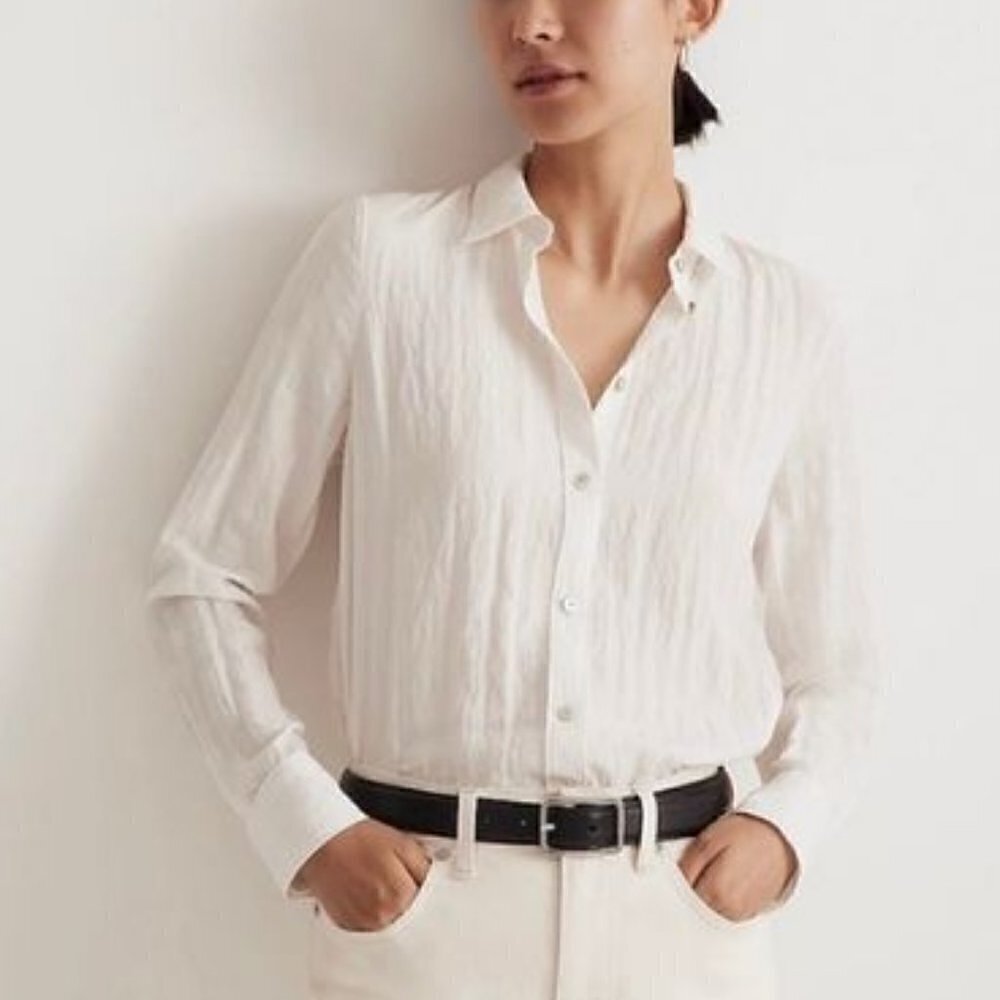 Madewell Crinkled Button-Up Lightweight Point Collar Shirt White Size XS NWT